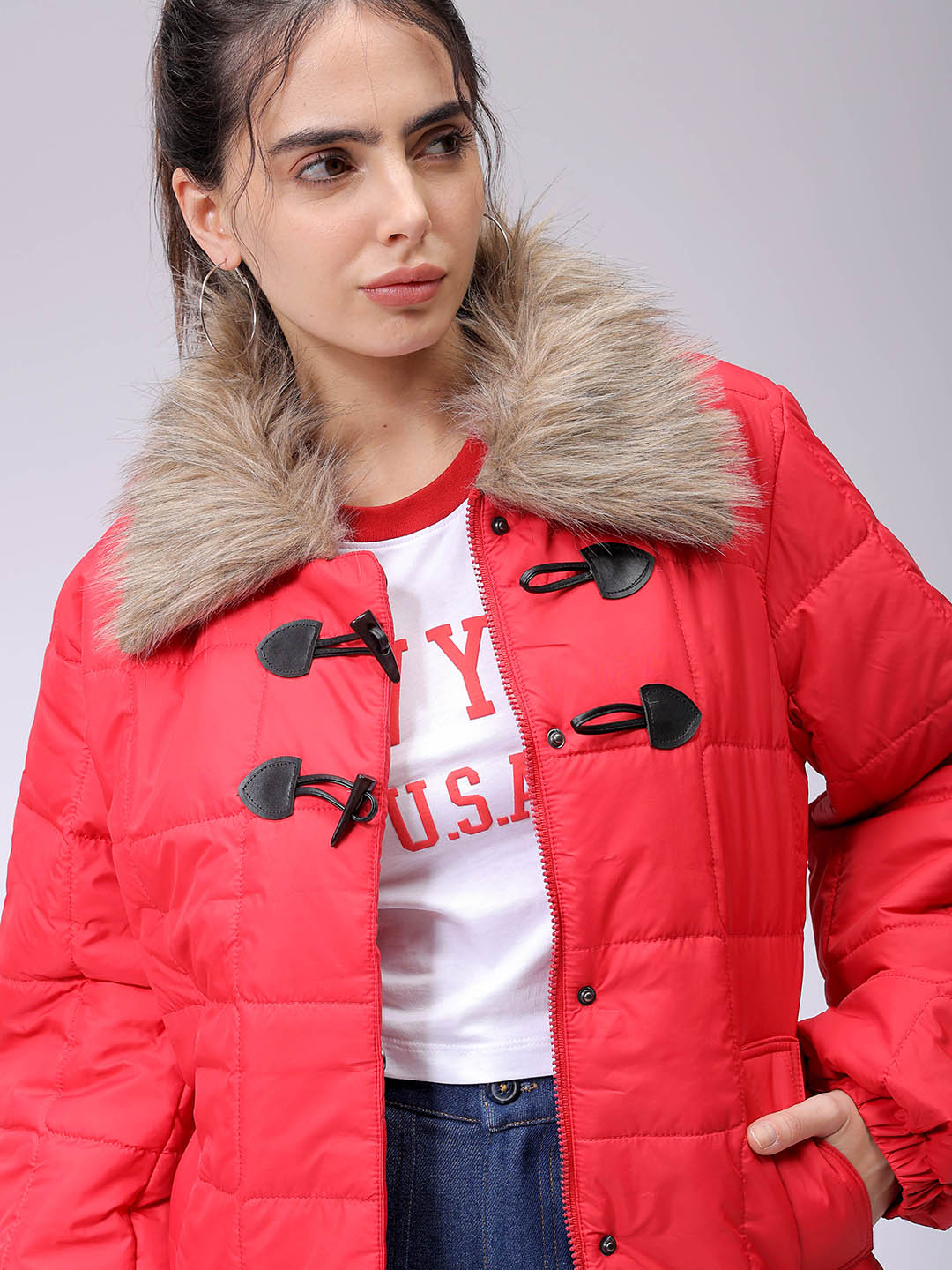 Women's Red Relaxed Fit Solid Puffer Jacket