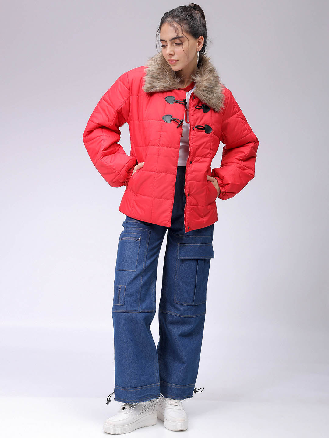 Women's Red Relaxed Fit Solid Puffer Jacket