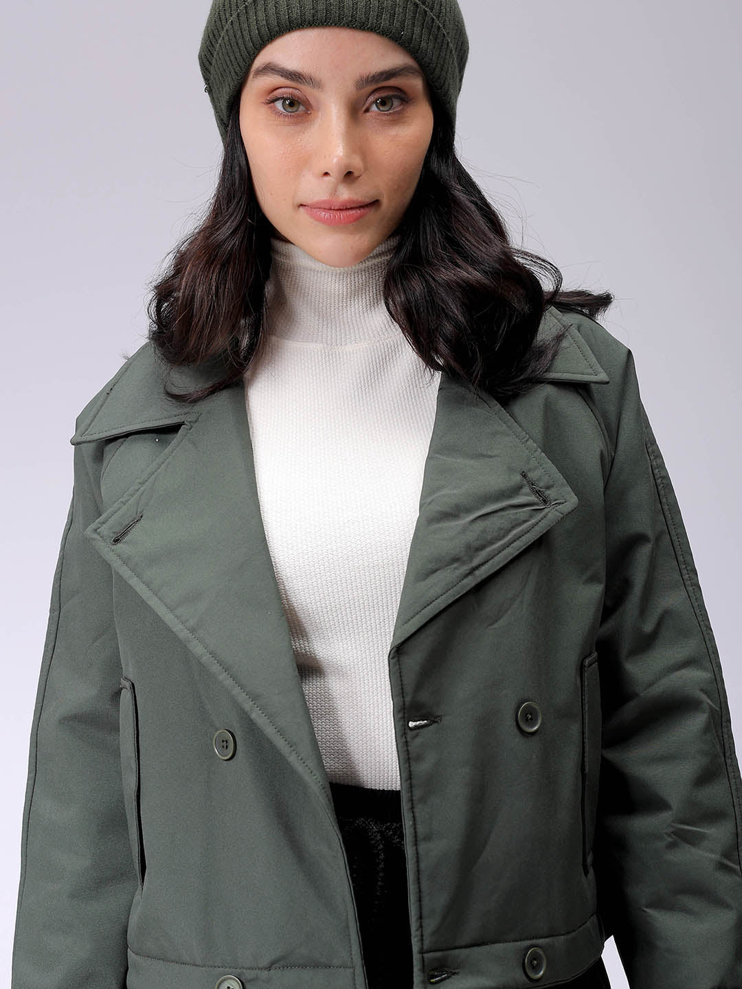 Women's Olive Straight Solid Trench Coat