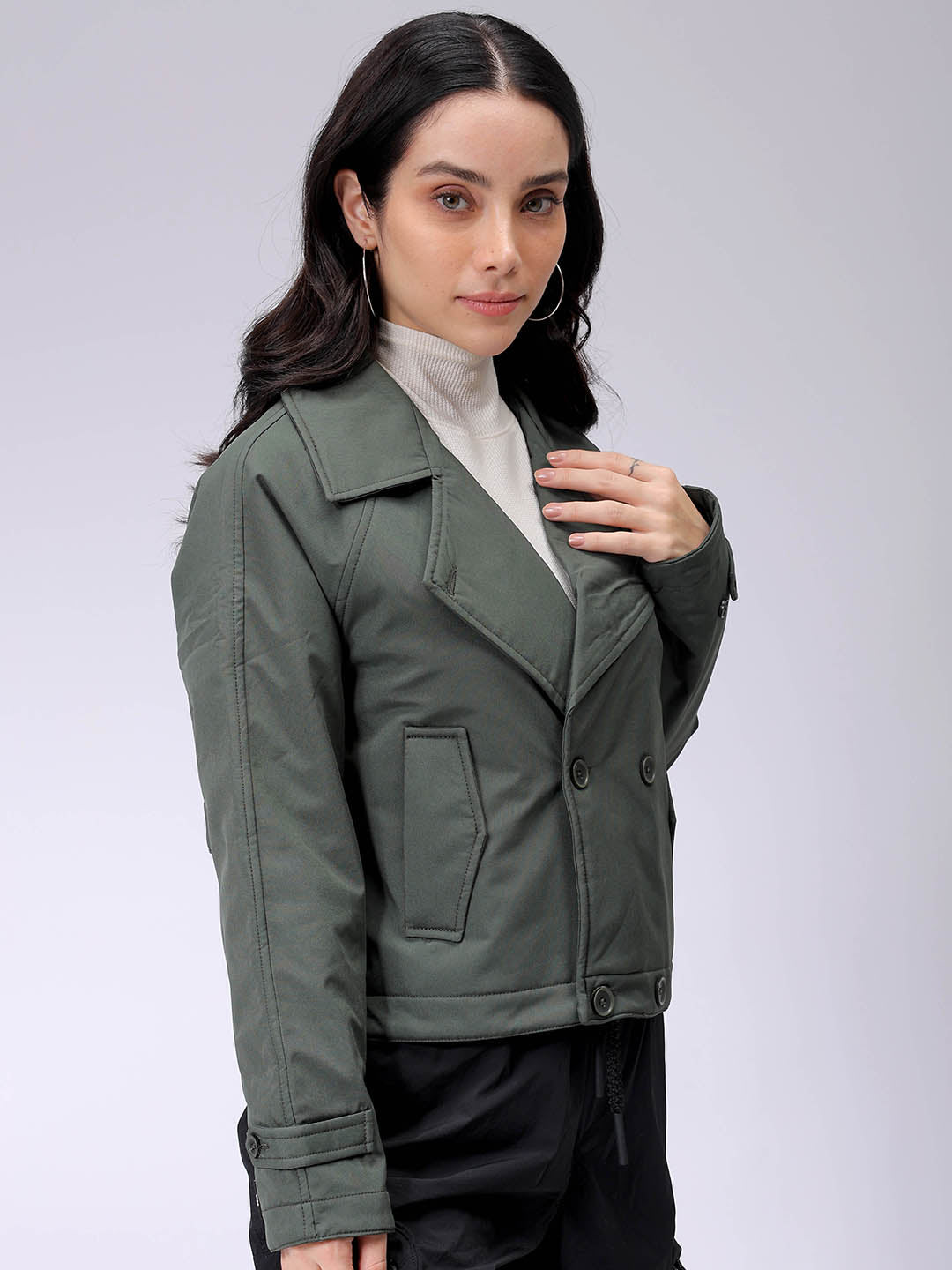 Women's Olive Straight Solid Trench Coat