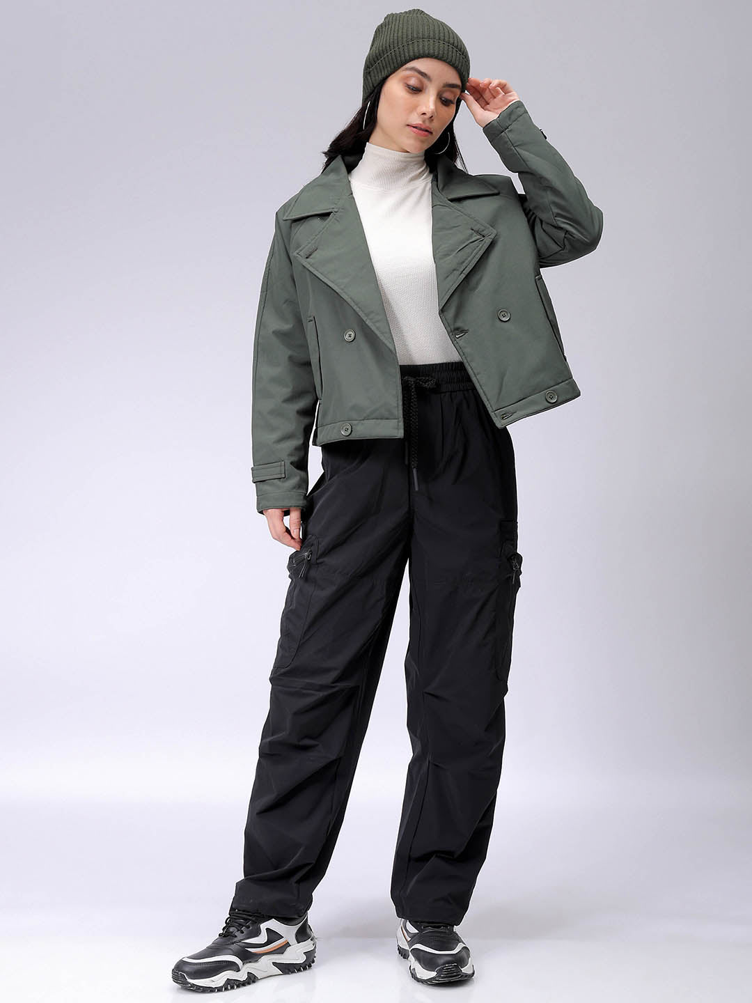 Women's Olive Straight Solid Trench Coat