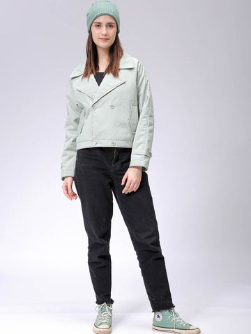 Women's Green Straight Fit Solid Trench Coat