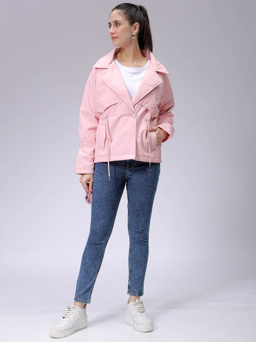 Women's Pink Regular Fit Solid Trench Coat