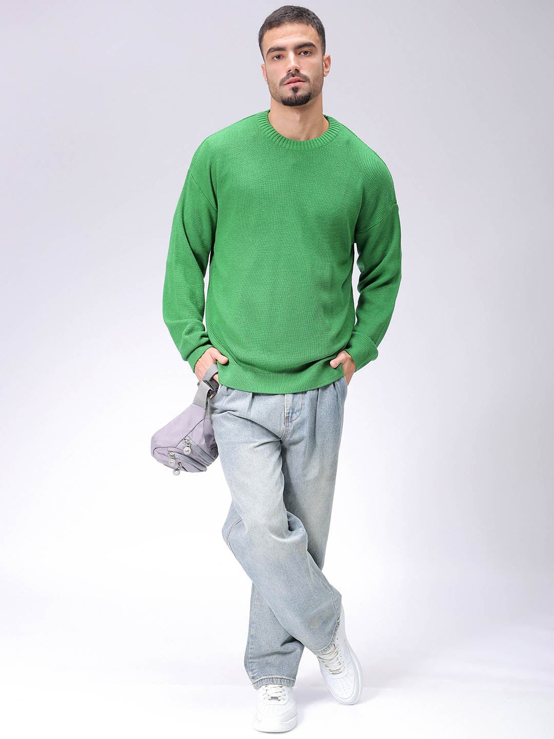 Men's Green Oversized Solid Sweater