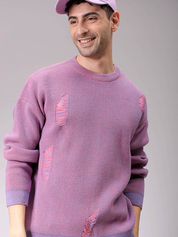 Men's Pink Oversized Textured Crew Neck Sweater