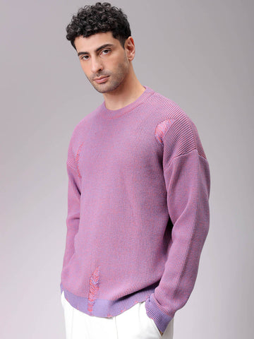 Men's Pink Oversized Textured Crew Neck Sweater
