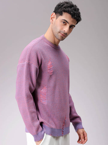 Men's Pink Oversized Textured Crew Neck Sweater