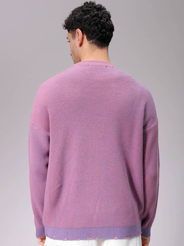 Men's Pink Oversized Textured Crew Neck Sweater