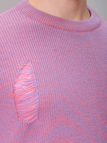 Men's Pink Oversized Textured Crew Neck Sweater