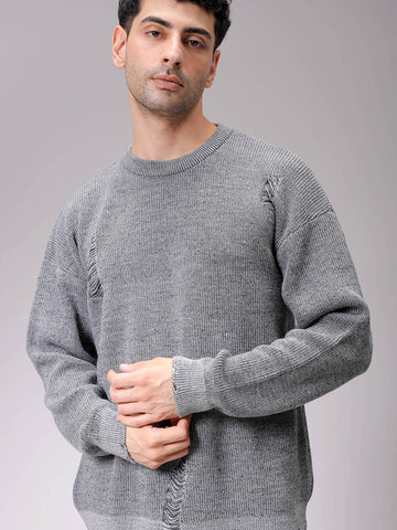 Men's Grey Oversized Textured Crew Neck Sweater