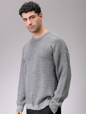 Men's Grey Oversized Textured Crew Neck Sweater