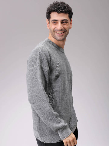 Men's Grey Oversized Textured Crew Neck Sweater