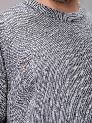 Men's Grey Oversized Textured Crew Neck Sweater