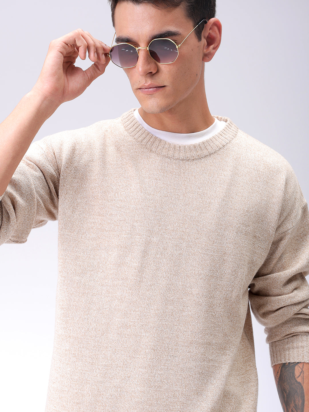 Men's Beige Oversized Solid Crew Neck Sweater