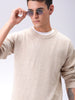 Men's Beige Oversized Solid Crew Neck Sweater