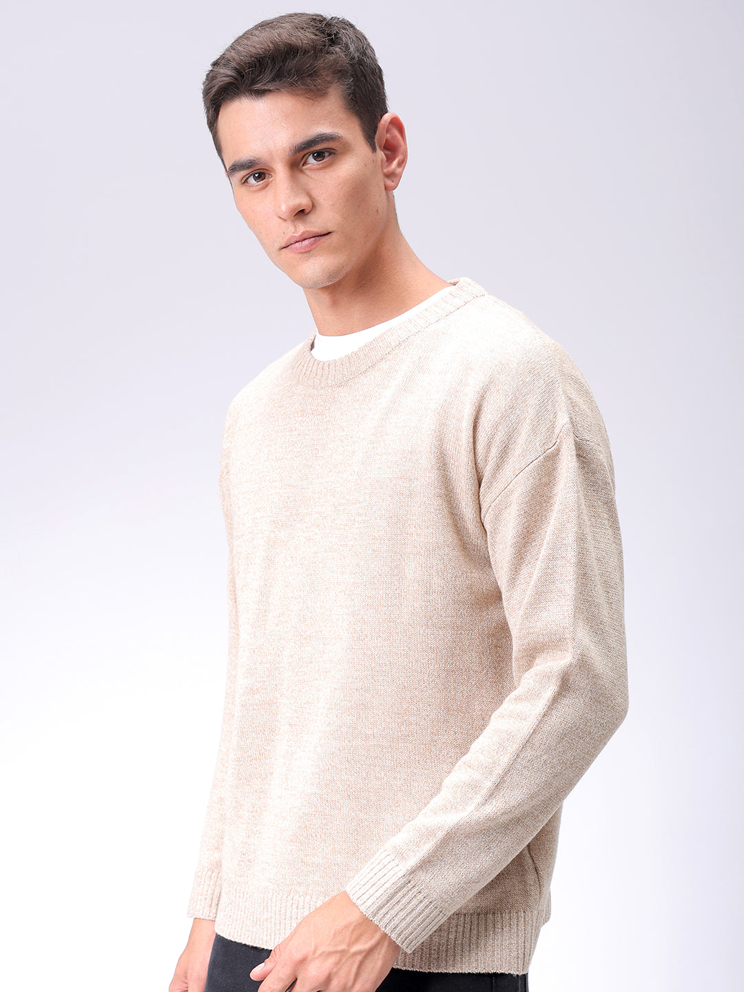 Men's Beige Oversized Solid Crew Neck Sweater