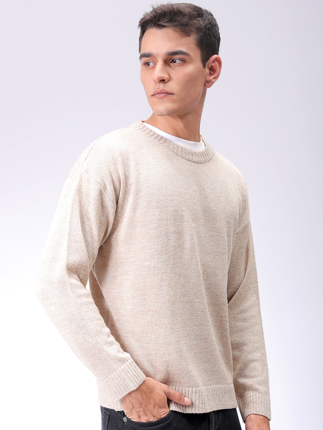 Men's Beige Oversized Solid Crew Neck Sweater