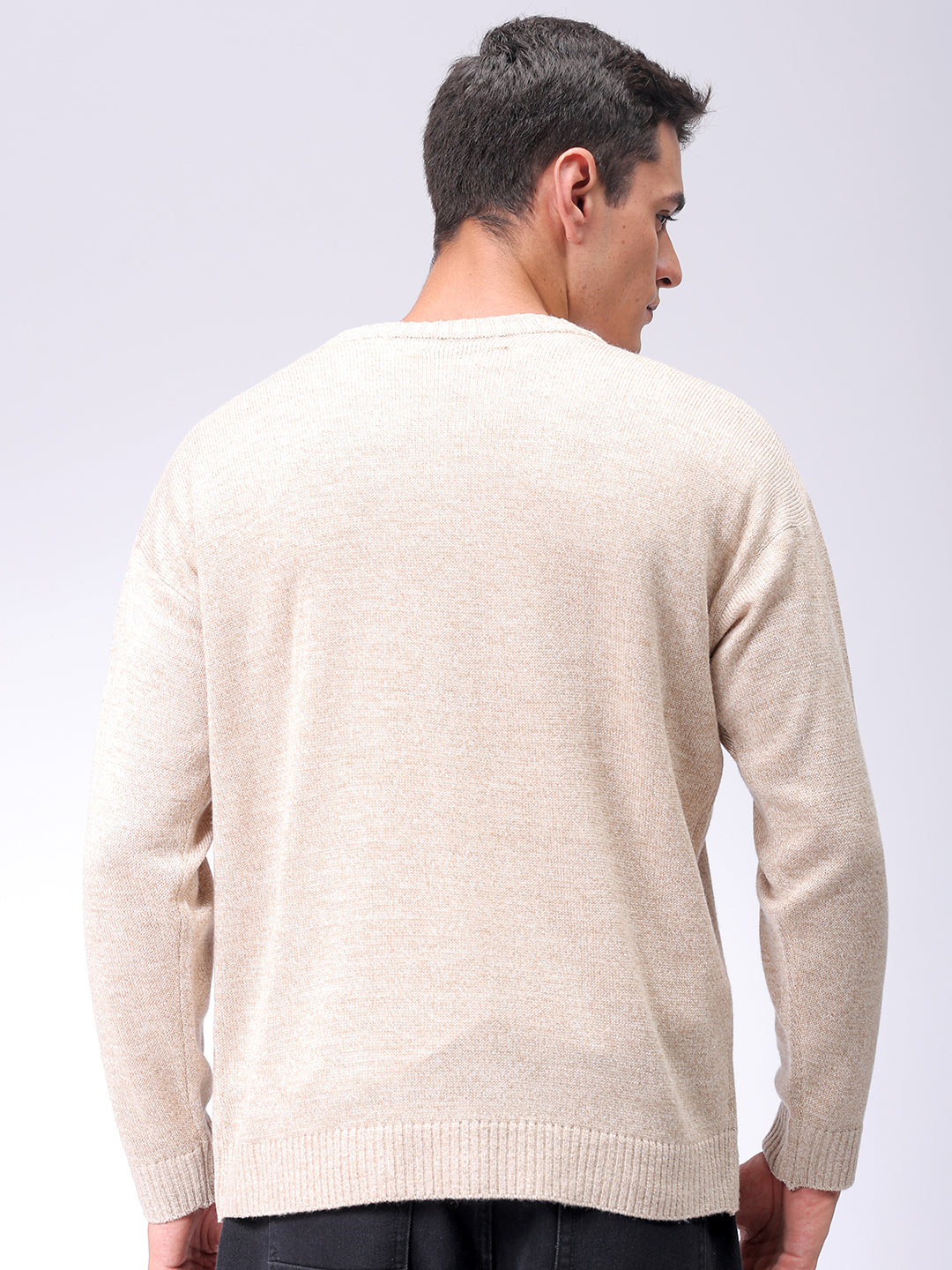 Men's Beige Oversized Solid Crew Neck Sweater