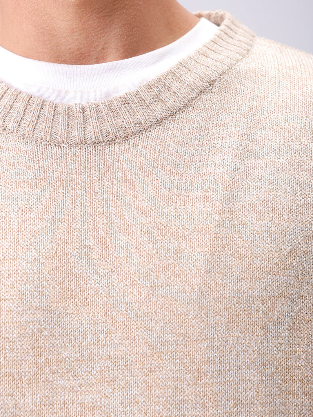 Men's Beige Oversized Solid Crew Neck Sweater