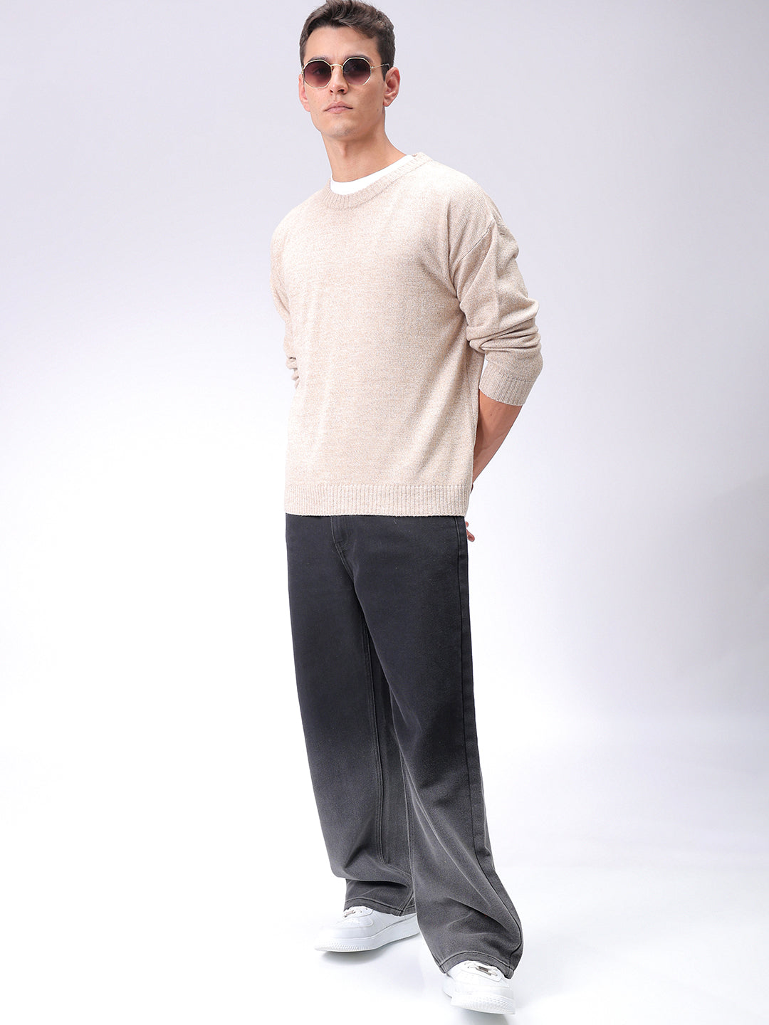 Men's Beige Oversized Solid Crew Neck Sweater