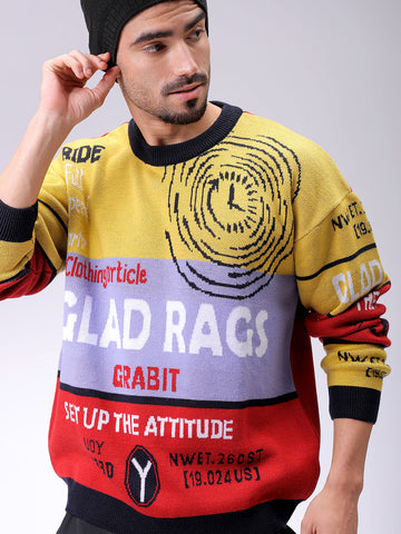 Men's Black Oversized Graphic Printed Crew Neck Sweater