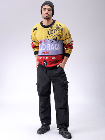 Men's Black Oversized Graphic Printed Crew Neck Sweater