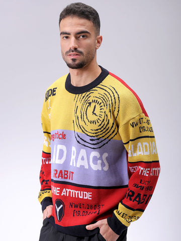 Men's Black Oversized Graphic Printed Crew Neck Sweater