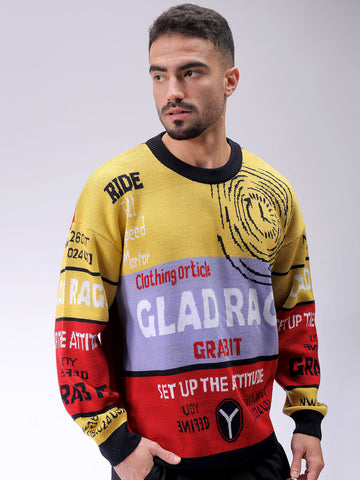 Men's Black Oversized Graphic Printed Crew Neck Sweater