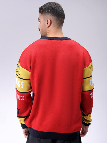 Men's Black Oversized Graphic Printed Crew Neck Sweater