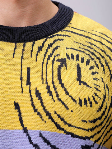 Men's Black Oversized Graphic Printed Crew Neck Sweater