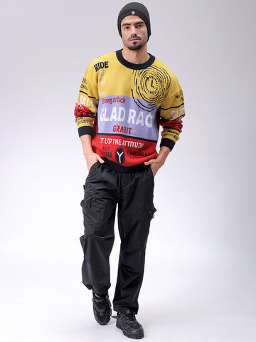Men's Black Oversized Graphic Printed Crew Neck Sweater