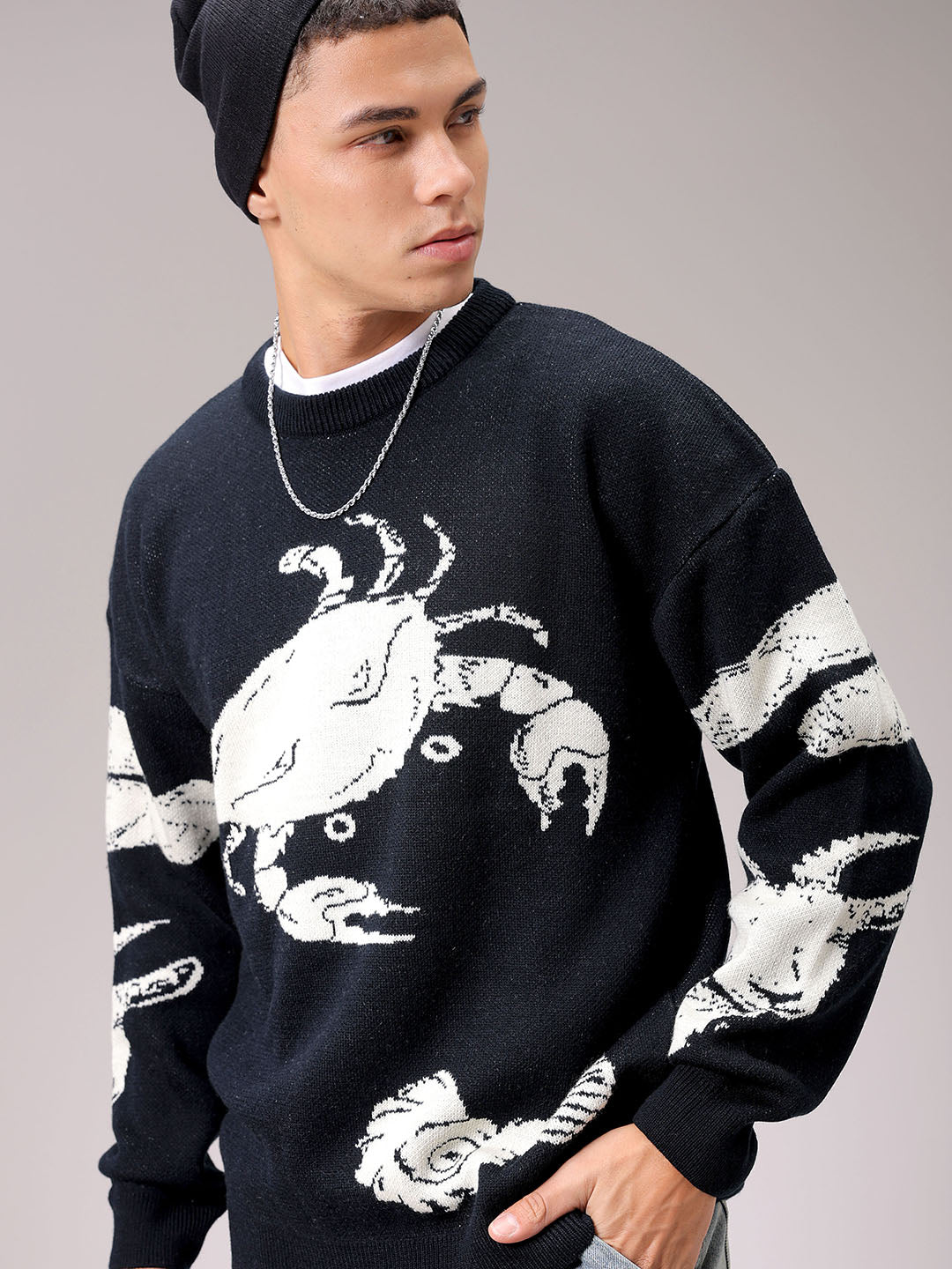 Men's Black Oversized Graphic Printed Sweater