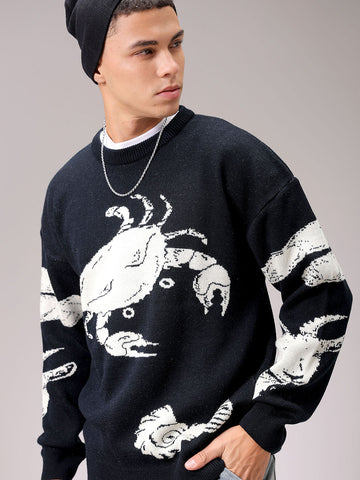 Men's Black Oversized Graphic Printed Sweater