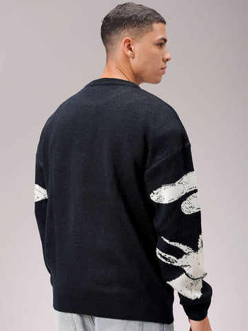 Men's Black Oversized Graphic Printed Sweater