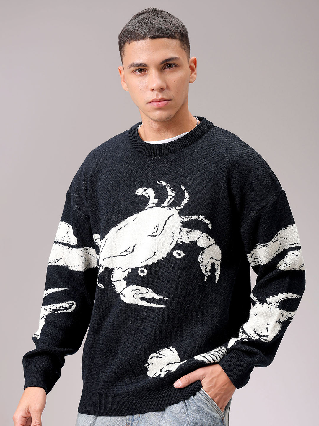 Men's Black Oversized Graphic Printed Sweater