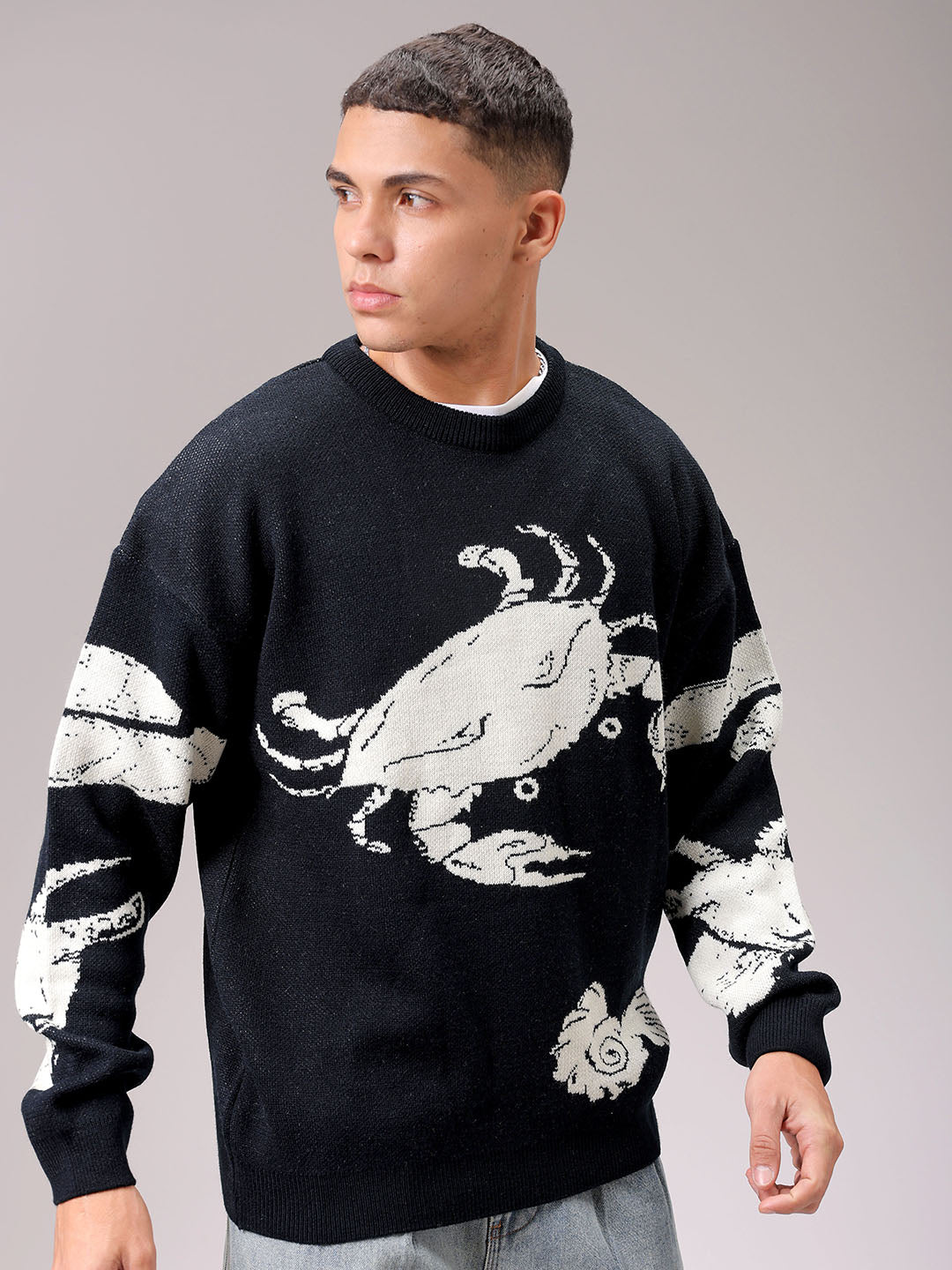 Men's Black Oversized Graphic Printed Sweater