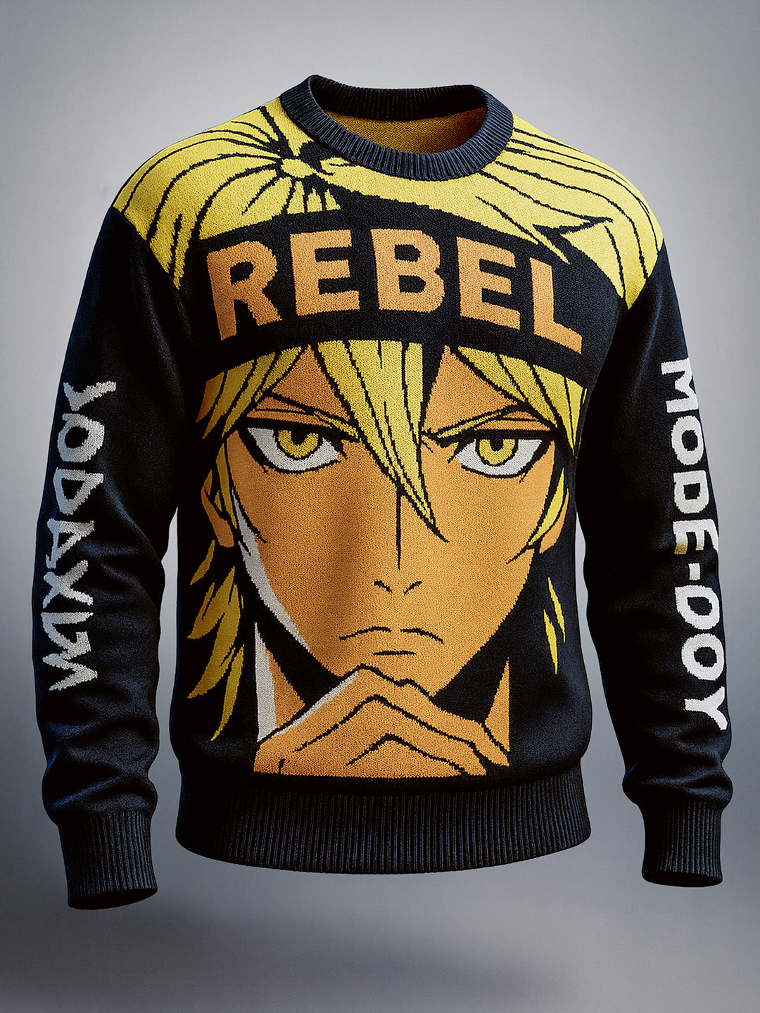 Men's Black Oversized Anime Printed Sweater