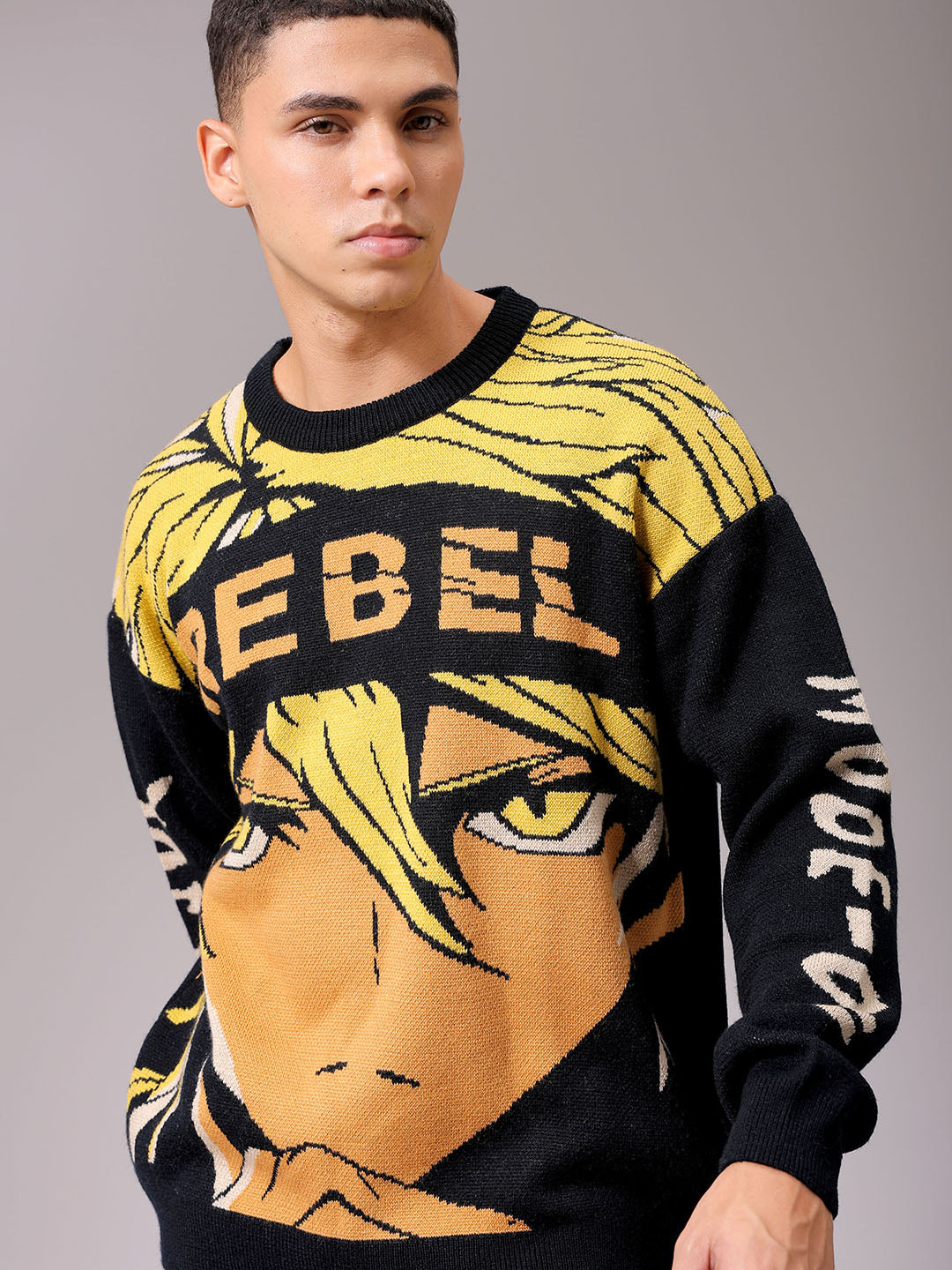 Men's Black Oversized Anime Printed Sweater