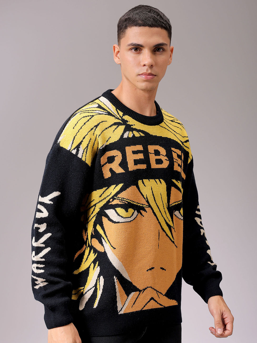 Men's Black Oversized Anime Printed Sweater