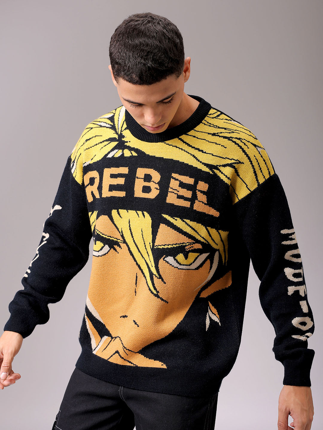 Men's Black Oversized Anime Printed Sweater