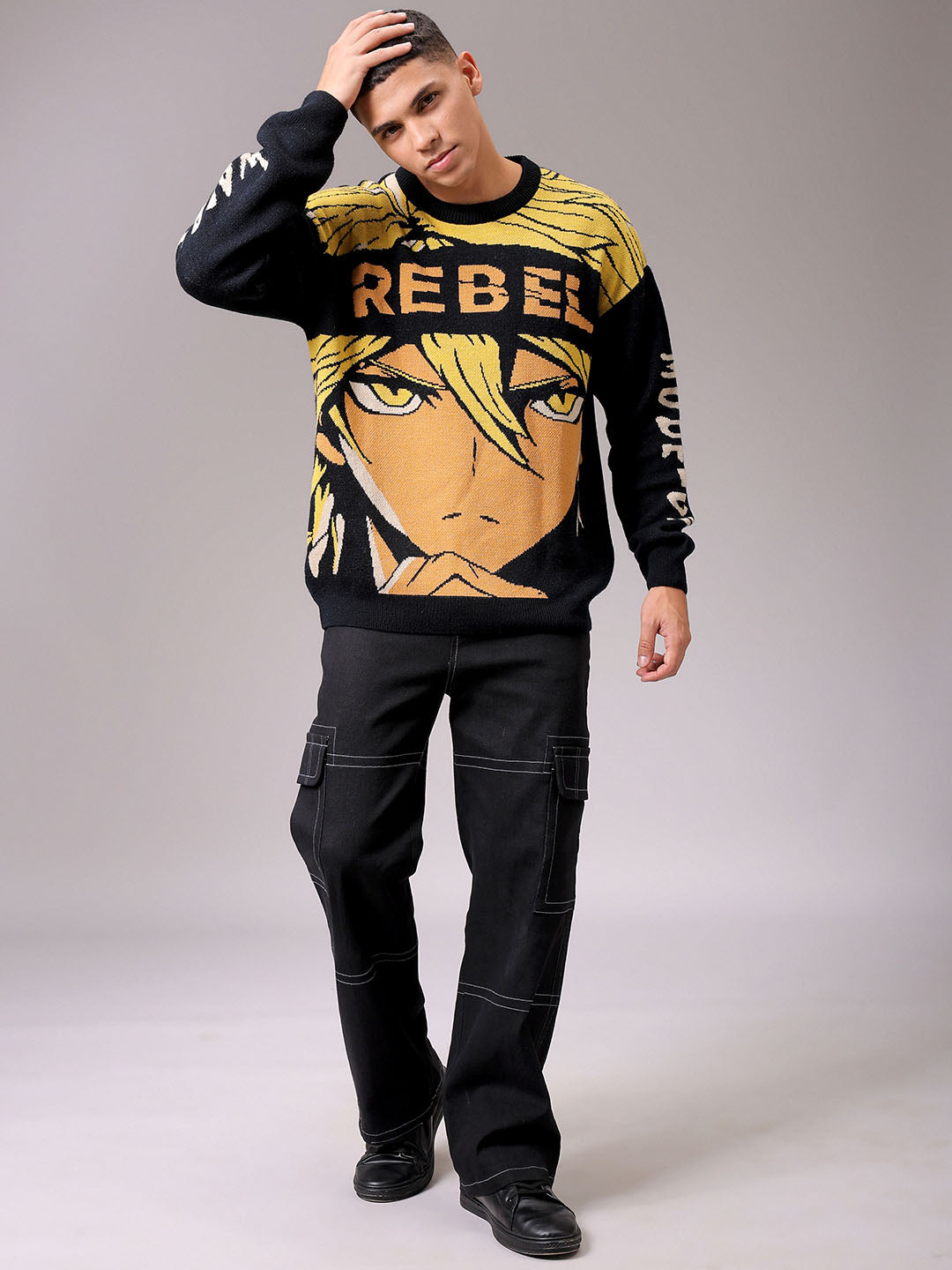 Men's Black Oversized Anime Printed Sweater