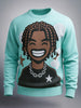 Men's Turquoise Blue Oversized Character Printed Sweater