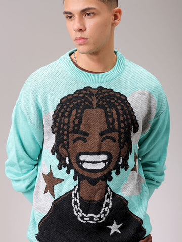 Men's Turquoise Blue Oversized Character Printed Sweater