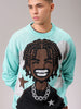 Men's Turquoise Blue Oversized Character Printed Sweater