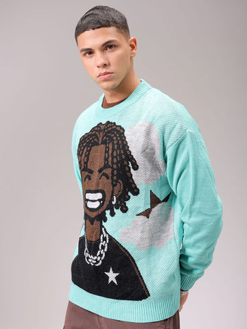 Men's Turquoise Blue Oversized Character Printed Sweater