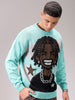 Men's Turquoise Blue Oversized Character Printed Sweater