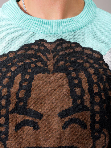 Men's Turquoise Blue Oversized Character Printed Sweater