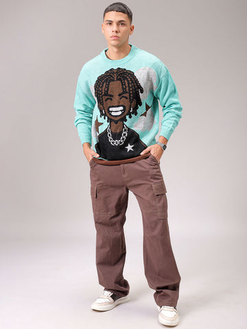 Men's Turquoise Blue Oversized Character Printed Sweater