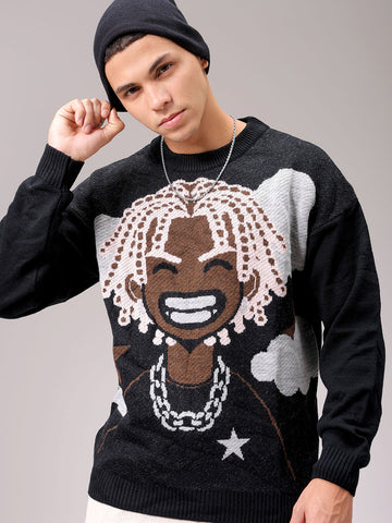 Men's Black Oversized Character Printed Sweater