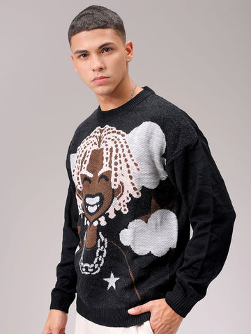 Men's Black Oversized Character Printed Sweater – TIGC